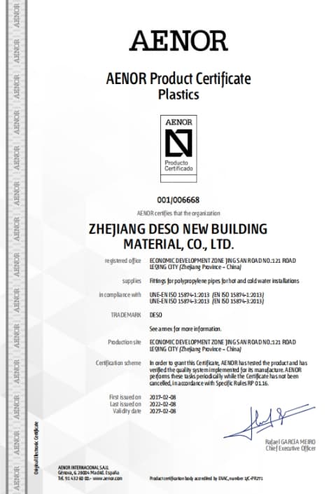Certifications | DESO Group - PPR Pipe & Fittings Supplier